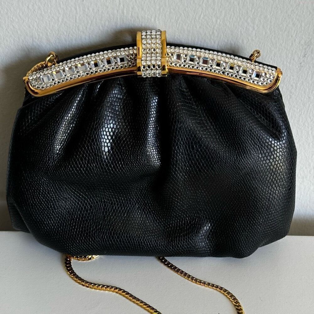 Black Leather Crossbody Purse With Pave Style Crystals And Gold Strap